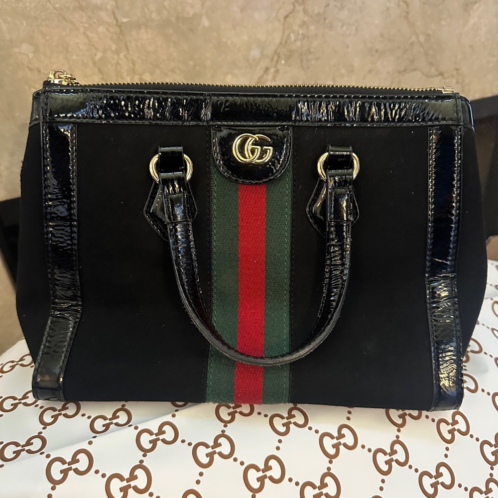Suede Medium Black and Green Ophidia Handbag